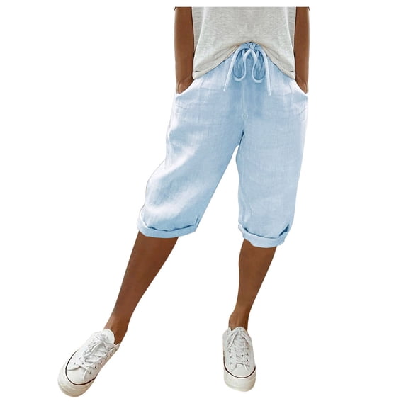 Tfken Summer Pants For Women Drawstring Solid Color Knee Length Loose Pants With Pockets Casual Daily Wear Female Comfortable Clothes Blue