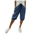 thumbnail image 1 of Tfken Summer Pants For Women Drawstring Solid Color Knee Length Loose Pants With Pockets Casual Daily Wear Female Soft Clothes Blue, 1 of 5