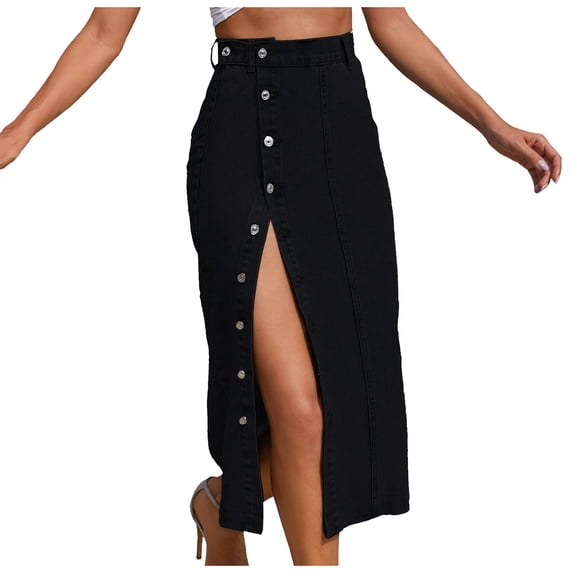 Tfken Summer Skirts For Women Solid Color High Waist Long Denim Skirts With Button Fashion Daily Wear Female Comfortable Clothes Black