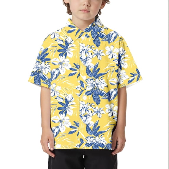 Tfken Summer T-Shirts For Boys Short Sleeve Lapel Neck Print Hawaiian Shirts For Holiday Summer Trendy Beach Children Soft Tops Yellow Size 3-4 Years