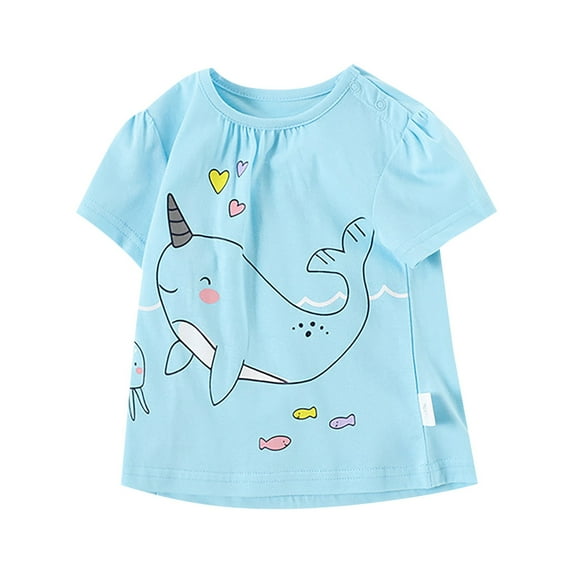 Tfken Summer T-Shirts For Girls Animal Print Short Sleeve Crew Neck Tops Fashion Daily Wear Children Soft Tops Blue Size 6Years