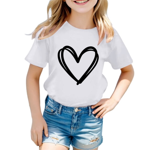 Tfken Summer T-Shirts For Girls Crew Neck Heart Print Short Sleeve Tops Daily Wear Fashion Kids Comfortable Shirts White Size 1-2 Years