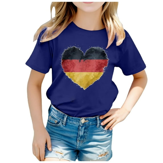 Tfken Summer T-Shirts For Girls Crew Neck Short Sleeve Heart Print Tops Daily Wear Fashion Toddler Soft Tops Blue Size 10-11 Years
