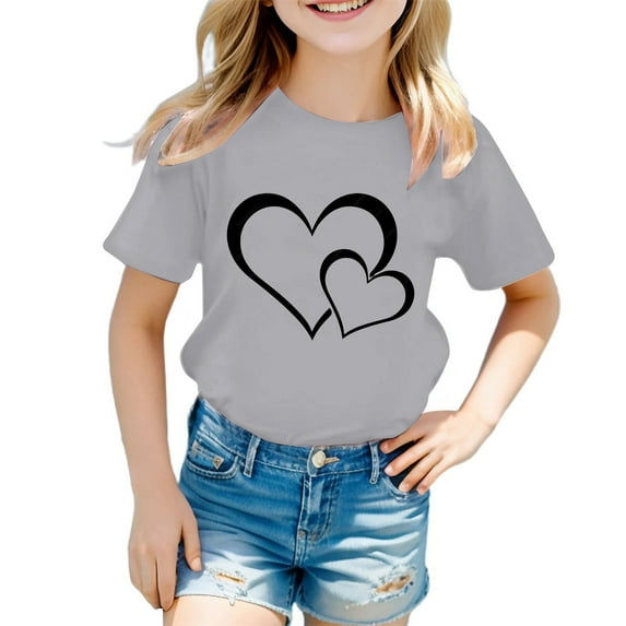 Tfken Summer T-Shirts For Girls Heart Print Short Sleeve Crew Neck Tops Daily Wear Fashion Toddler Soft Tops Gray Size 5-6 Years