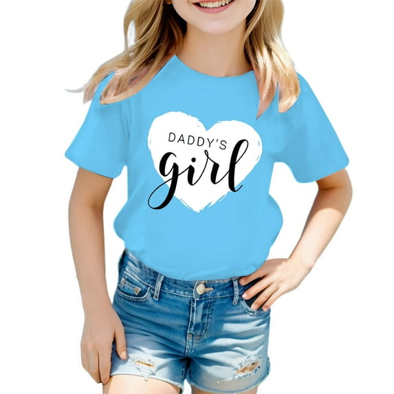 Tfken Summer T-Shirts For Girls Print Short Sleeve Crew Neck Tops Trendy Daily Wear Children Soft Tops Blue Size 5-6 Years