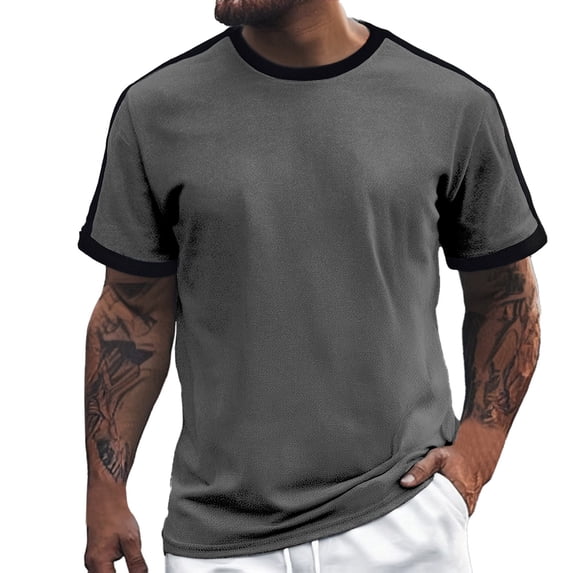 Tfken Summer T-Shirts For Men Crew Neck Patchwork Short Sleeve Tops Fashion Casual Daily Wear Male Soft Shirts Gray