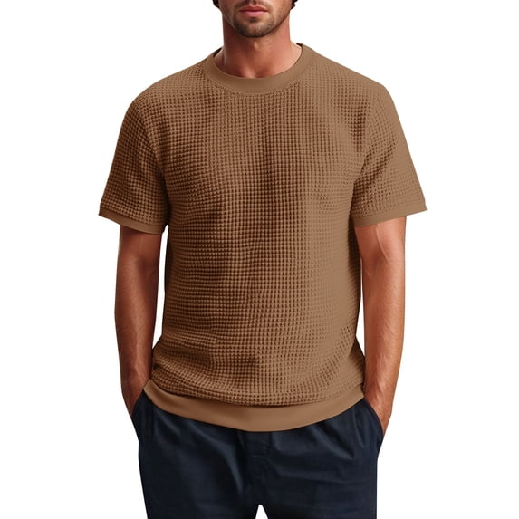 Tfken Summer T-Shirts For Men Solid Color Crew Neck Short Sleeve Knitted Tops Casual Daily Wear Male Comfortable Shirts Beige