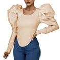 thumbnail image 1 of Tfken Summer T-Shirts For Women Crew Neck Long Puff Sleeve Solid Color Slim Tops Trendy Female Soft Shirts Beige, 1 of 5