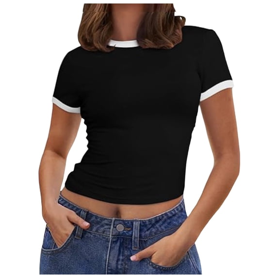 Tfken Summer T-Shirts For Women Short Sleeve Crew Neck Patchwork Slim Tops Trendy Casual Daily Wear Female Soft Shirts Black