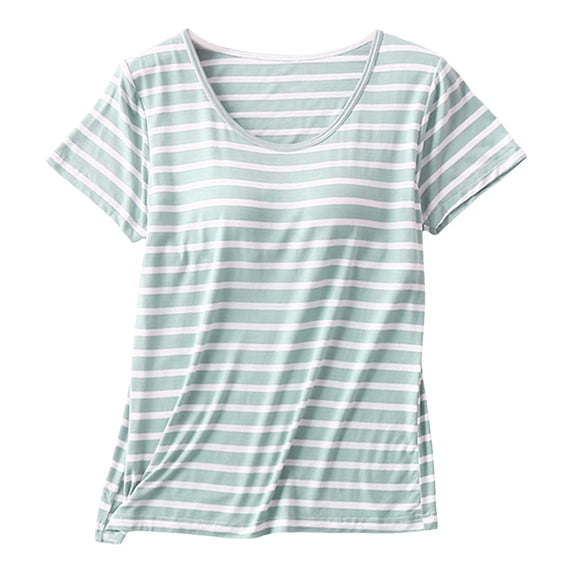 Tfken Summer T-Shirts For Women Short Sleeve Crew Neck Stripe Tops Casual Fashion Daily Wear Female Comfortable Shirts Green