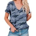 thumbnail image 1 of Tfken Summer T-Shirts For Women Short Sleeve Leopard Print V Neck Tops Trendy Daily Wear Female Soft Shirts Blue, 1 of 4