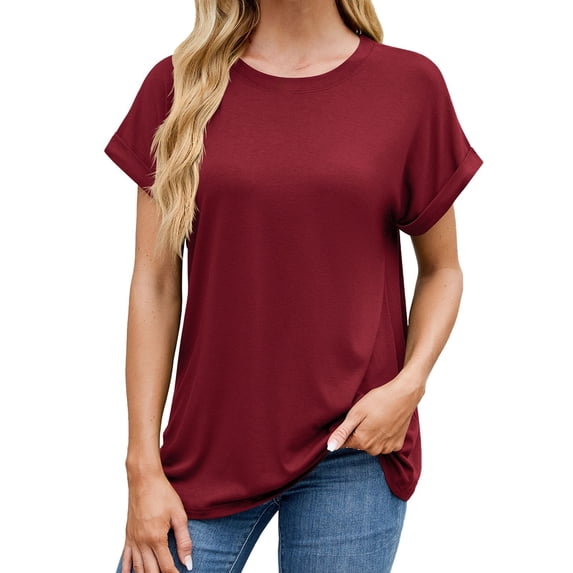 Tfken Summer T-Shirts For Women Solid Color Short Sleeve Crew Neck Tops Trendy Daily Wear Female Comfortable Shirts Red