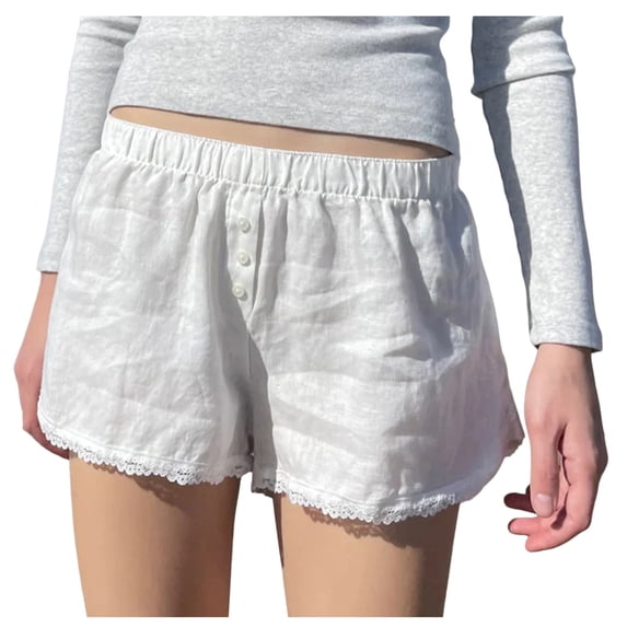 Tfken Summer Women Shorts Solid Color Elastic Waist Button Lace Shorts Casual Daily Wear Female Soft Clothes White