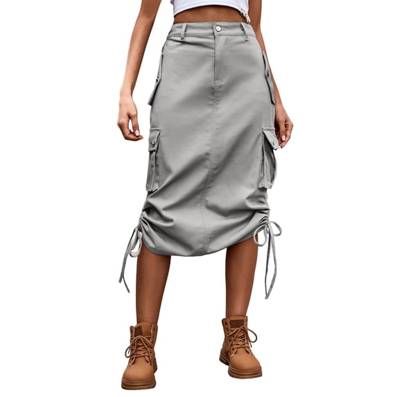 Tfken Summer Women Skirts Button Solid Color Long Cargo Skirts With Pockets Trendy Daily Wear Female Comfortable Clothes Gray
