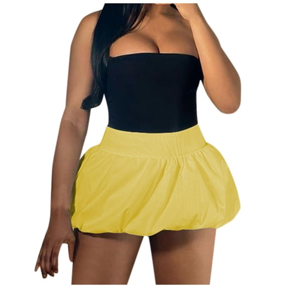 Tfken Summer Women Skirts Elastic Waist Solid Color Mini Bubble Skirts Fashion Daily Wear Female Leisure Clothes Yellow