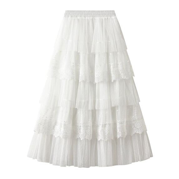 Tfken Summer Women Skirts Solid Color Elastic Waist Lace Tulle Long Skirts Trendy Daily Wear Female Classic Clothes White