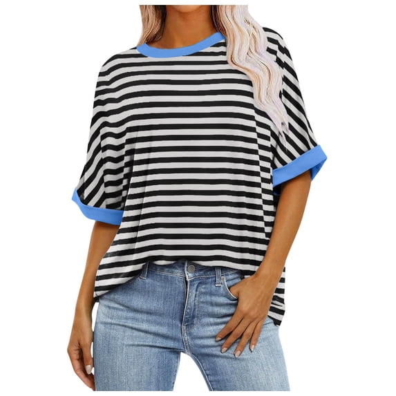 Tfken Summer Women Tshirts Crew Neck Half Sleeve Stripe Tops Trendy Daily Wear Female Leisure Shirts Black
