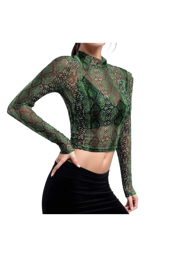 Summer Women Tshirts Long Sleeve Crew Neck Lace Mesh Tops Fashion Casual Female Leisure Shirts Green
