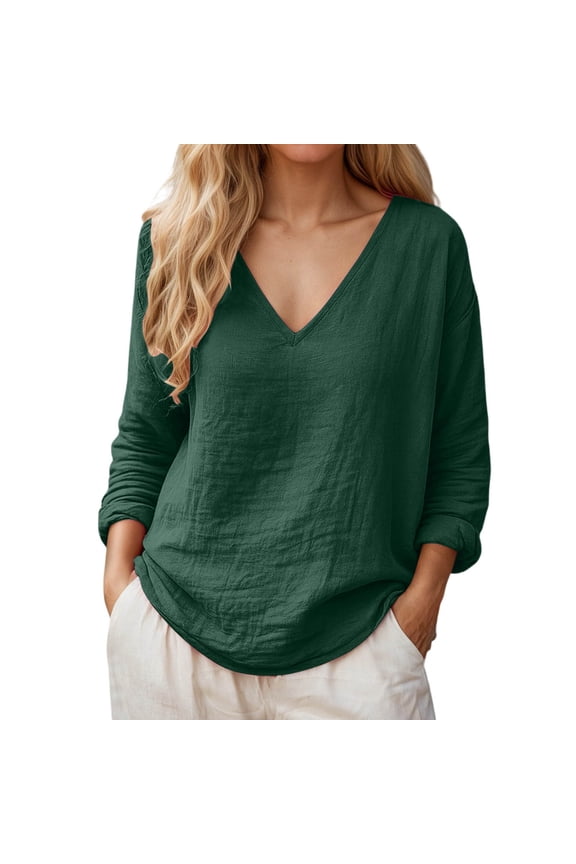Summer Women Tshirts Long Sleeve V Neck Solid Color Loose Tops Fashion Casual Daily Wear Female Soft Shirts Green