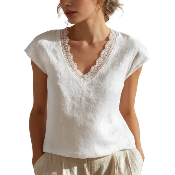 Tfken Summer Women Tshirts Short Sleeve V Neck Solid Color Lace Tops Fashion Casual Daily Wear Female Soft Shirts White