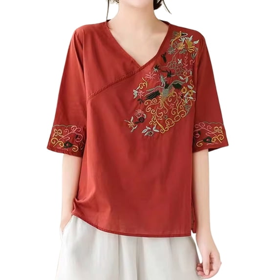 Tfken Summer Women Tshirts V Neck Half Sleeve Embroidery Tops Trendy Daily Wear Female Soft Shirts Red