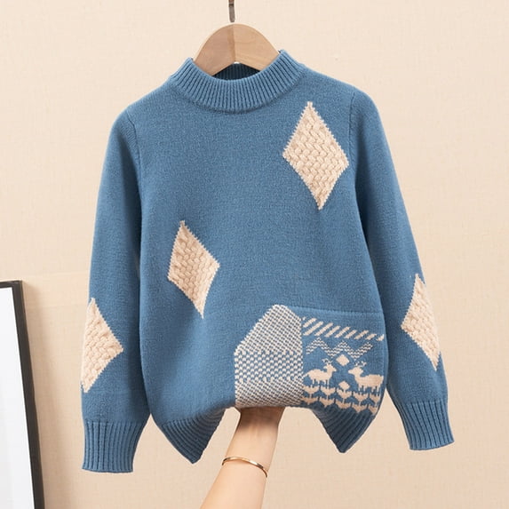 Tfken Sweater For Boys Child Long Sleeve Color Block Pullover Comfortable Warm Sweater Blue Size 8-10 Years