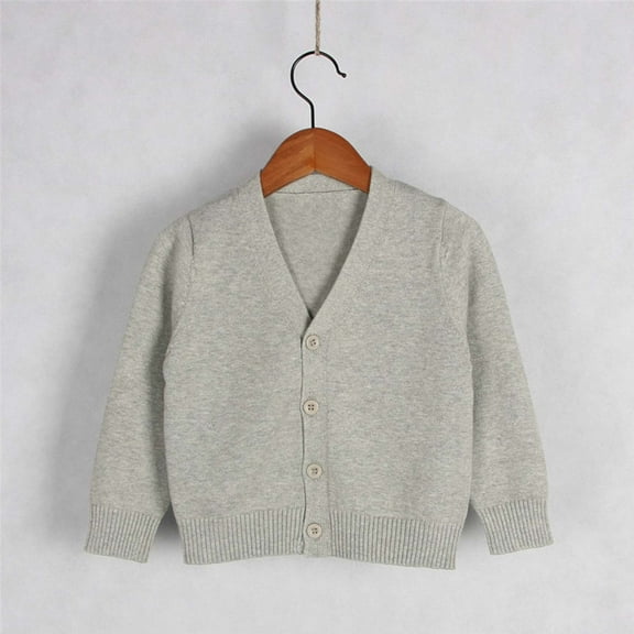 Tfken Sweater For Boys Child Size 3-4 Years V-Neck Solid Color Daily Wear Comfortable Grey Cardigan Sweater