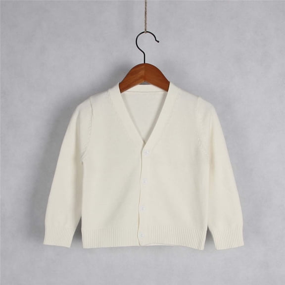 Tfken Sweater For Boys Child V-Neck Long Sleeve Solid Color Comfortable Retro Cardigan Sweater White Size 5-6 Years