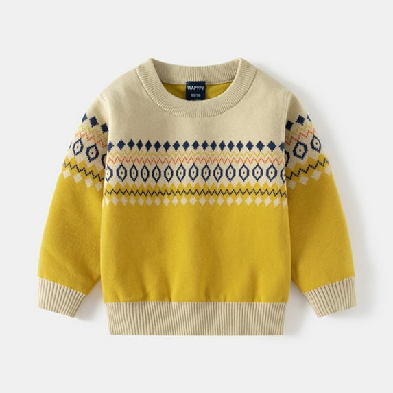 Tfken Sweater For Boys Kids Long Sleeve Fair Isle Print Pullover Fall Retro Sweater Yellow Size 3-4 Years