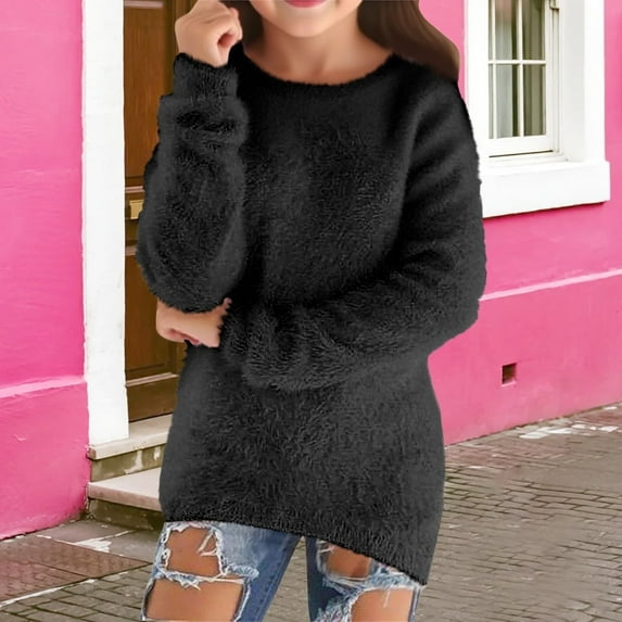 Tfken Sweater For Girls Kids Crew Neck Long Sleeve Solid Color Daily Wear Trendy Pullover Sweater Black Size 5-6 Years