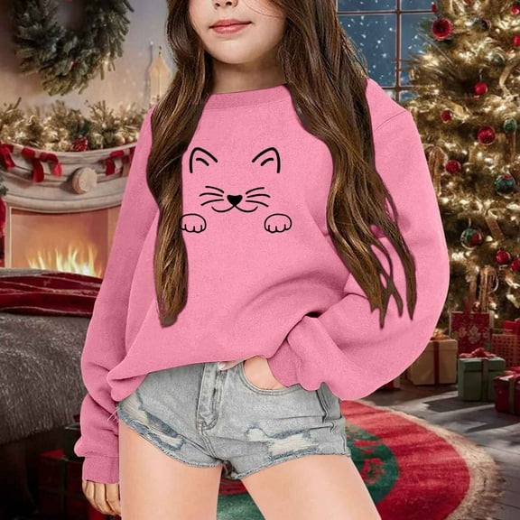 Tfken Sweatshirt For Girls Casual Long Sleeve Crew Neck Cat Print Pullover Sweater Fleece Relaxed Tops Pink Size 4-5 Years