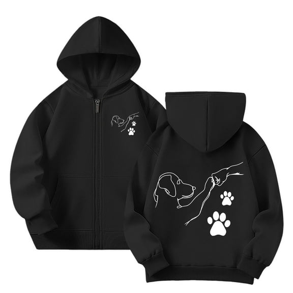 Tfken Sweatshirt For Girls Children Size 9-10 Years Winter Long Sleeve Hooded Tops Trendy Dog Print Zipper Black Hoodies
