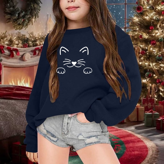 Tfken Sweatshirt For Girls Kids Crew Neck Cat Print Tops Pullover Sweater Long Sleeve Navy Size 7-8 Years