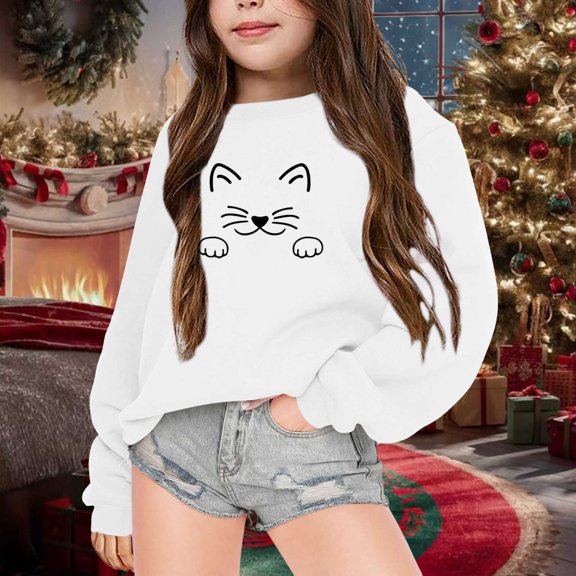 Tfken Sweatshirt For Girls Kids Fleece Cat Print Tops Long Sleeve Daily Wear White Pullover Sweater Size 4-5 Years