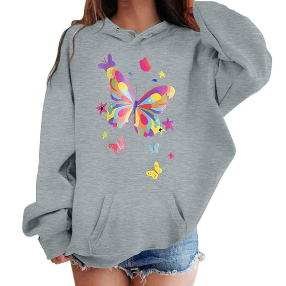 Tfken Sweatshirt For Girls Kids Long Sleeve Butterfly Print Tops Comfortable Summer Hoodies Size 8-9 Years Grey