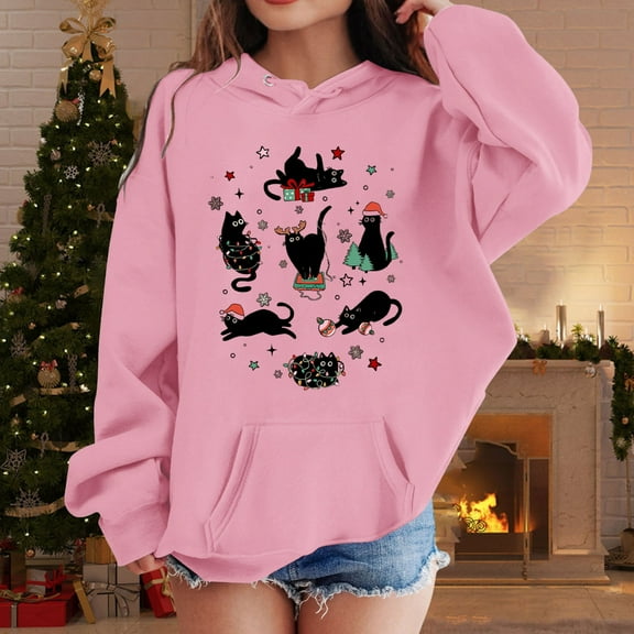 Tfken Sweatshirt For Girls Kids Outdoor Long Sleeve Tops Hooded Cat Print Pink Hoodies Size 8-9 Years