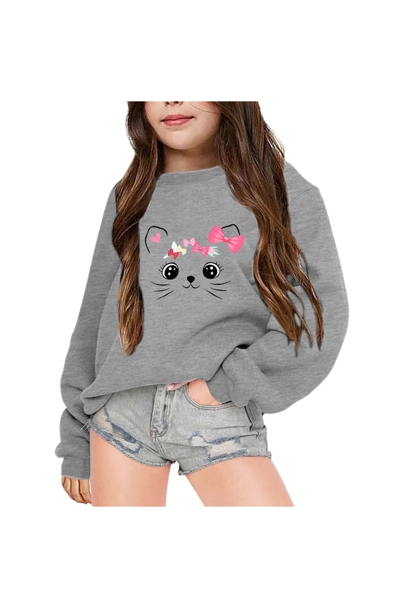 Sweatshirt For Girls Kids Soft Crew Neck Cat Print Pullover Shirts Fall Grey Tops Size 3-4 Years