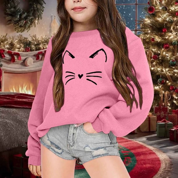 Tfken Sweatshirt For Toddler Girls Fleece Cat Print Pullover Sweater Long Sleeve Comfortable Pink Tops Size 4-5 Years