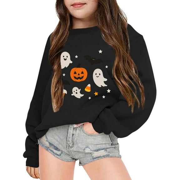 Tfken Sweatshirt For Toddler Girls Halloween Long Sleeve Cartoon Print Tops Trendy Crew Neck Summer Black Pullover Sweater Size 11-12 Years