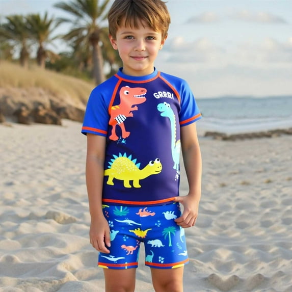 Tfken Swimsuit For Boys Child Summer Dinosaur Print 2025 Short Sleeve Bathing Suit Crew Neck Blue Size 4-5 Years Swimwear