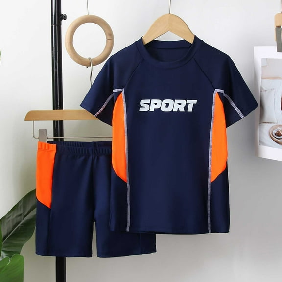 Tfken Swimsuit For Boys Teen Ocean Letter Print Relaxed Short Sleeve Swimwear Crew Neck Blue Size 8-9 Years Bathing Suit