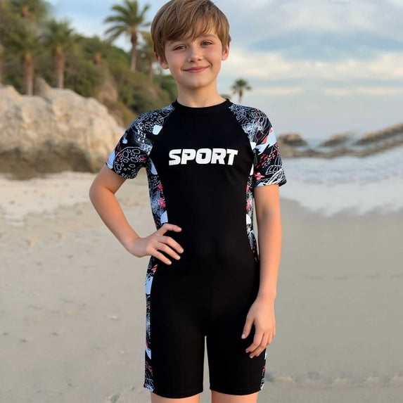Tfken Swimsuit For Boys Toddler Short Sleeve Beach Crew Neck Bathing Suit Ocean Letter Print Black Swimwear Size 11-12 Years
