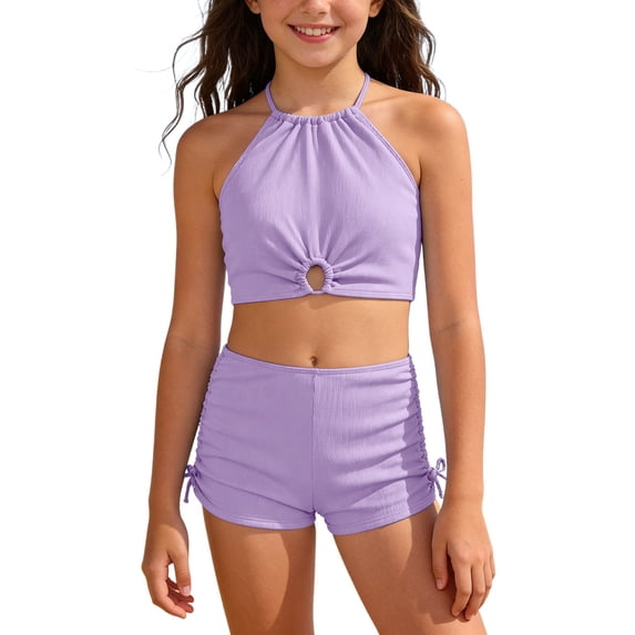 Tfken Swimsuit Set Outfits For Teen Girls Summer Swim Beach 2 Piece Sleeveless Bikini Vest With Swimming Trunks Set Drawstring Swimwear Chlid Breathable Bathing Suits Size 12-13 Years Purple