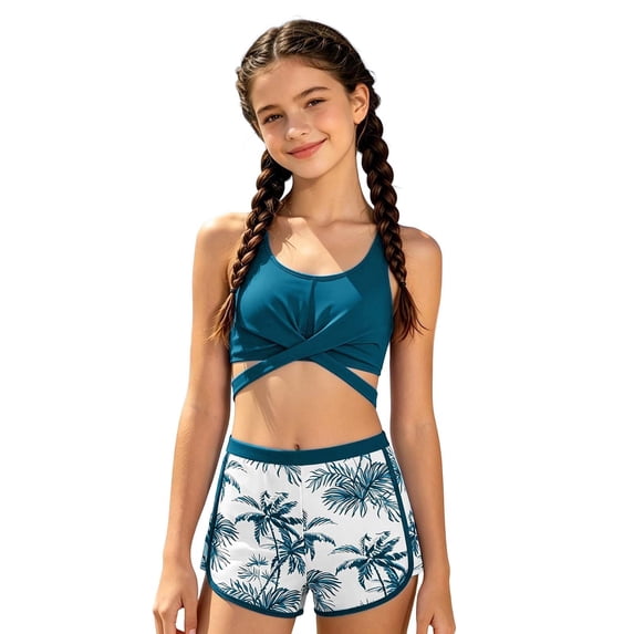 Tfken Swimsuit Set Outfits For Teen Girls Summer Swim Beach 3 Piece Swimming Sleeveless Bikini Vest And Trunks With Shorts Set Swimwear Quick Dry Chlid Breathable Bathing Suits Size 11-12 Years Blue