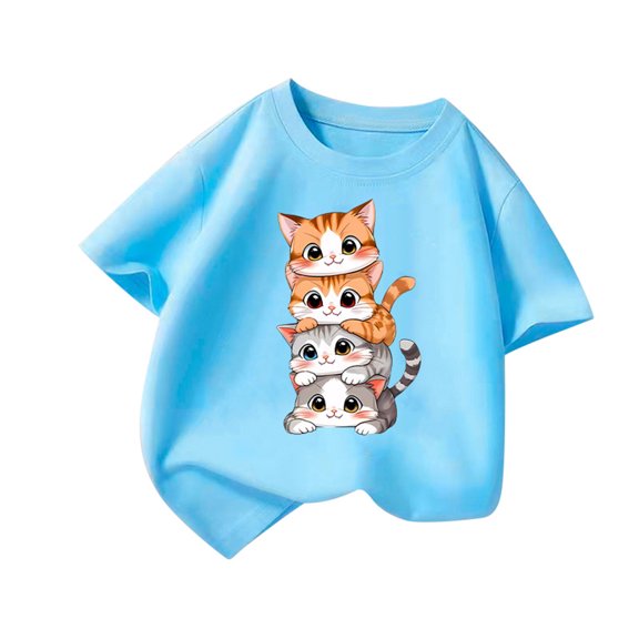 Tfken T-Shirts For Girls Toddler Cat Print Short Sleeve Fashion Tops Crew Neck Trendy Blue Tee Size 5-6 Years