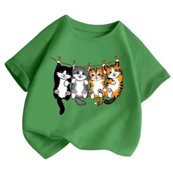 Tfken T-Shirts For Girls Toddler Size 10-12 Years Cat Print Crew Neck Tops Cute Short Sleeve Green Tee