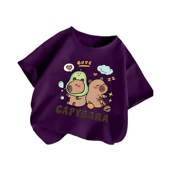 Tfken T-Shirts For Girls Toddler Size 12-14 Years Short Sleeve Capybara Print Tee Soft Breathable Crew Neck Purple Tops