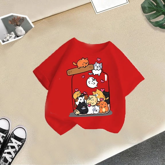Tfken T-Shirts For Girls Toddler Trendy Crew Neck Short Sleeve Tee Fashion Cat Print Red Tops Size 5-6 Years