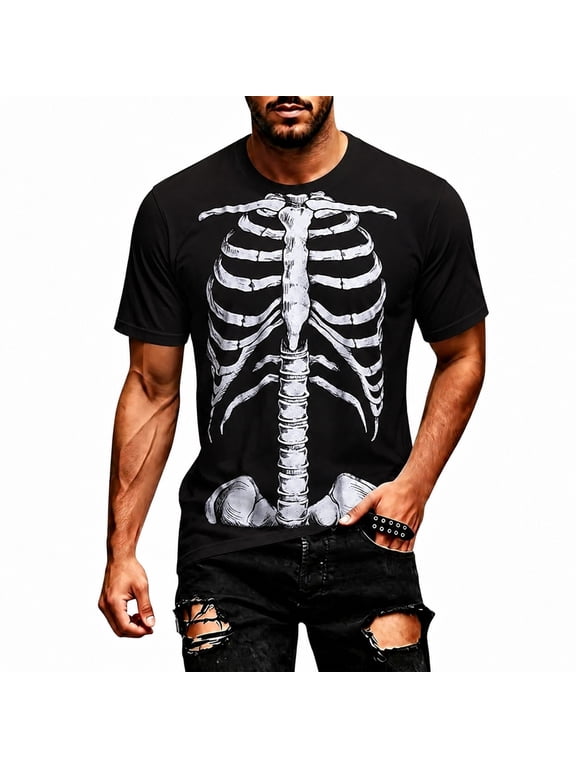 T-Shirts For Men Halloween Skeleton Graphic Short Sleeve Tees T Shirt Casual Crewneck Tops Tshirts Male Fashion T-Shirts Clothes Size L Black
