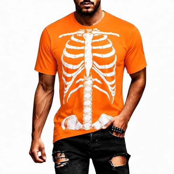 Tfken T-Shirts For Men Halloween Skeleton Graphic Short Sleeve Tees T Shirt Casual Crewneck Tops Tshirts Male Fashion T-Shirts Clothes Size L Orange